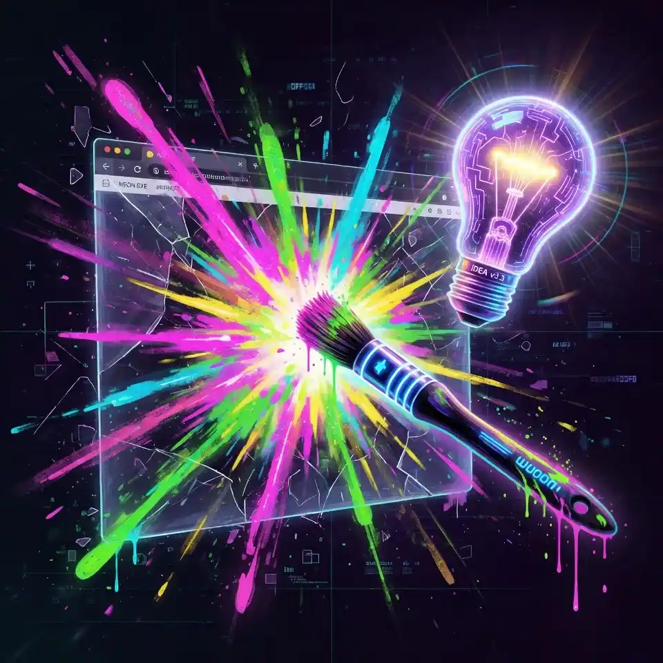 Explosión de colores neón saliendo de una pantalla web, pincel digital y bombillo brillante de creatividad