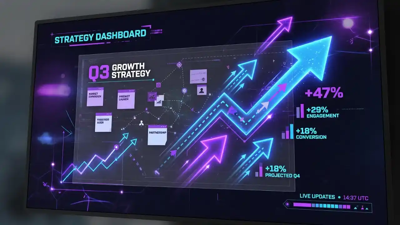Pantalla digital con un tablero de estrategia y flechas ascendentes